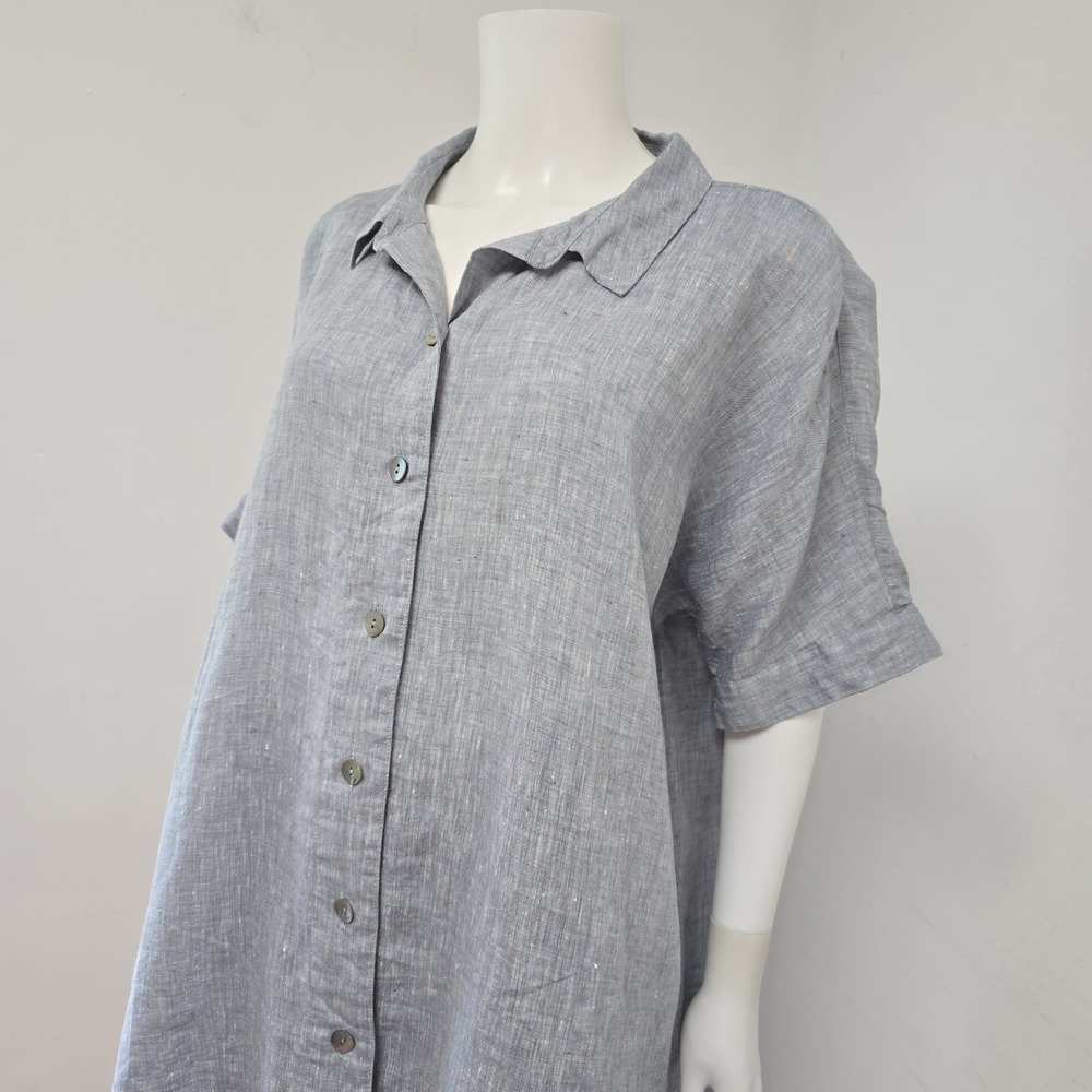 Eileen Fisher Organic Linen Shirt Button Front Tunic Shirt Sz L Relaxed Chambray - Picture 2 of 8